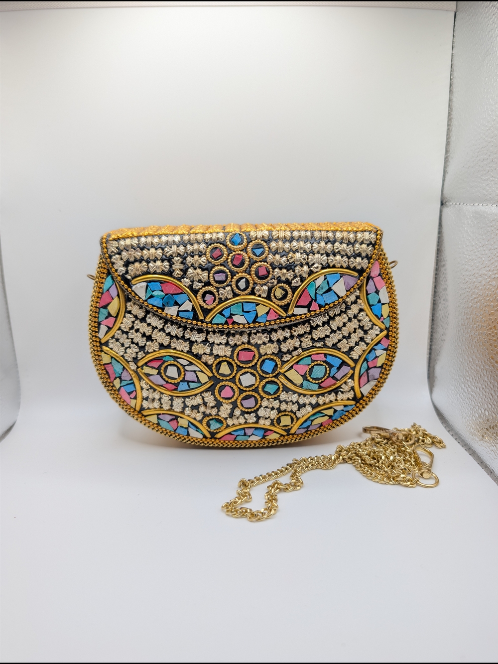 NWT RAMLA Handmade Mosaic Metal Evening Bag Crossbody Clutch Gold
